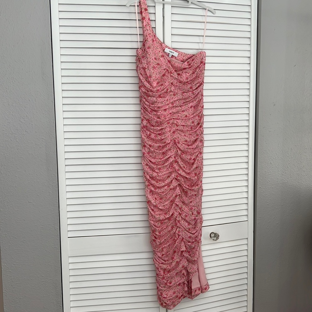 Likely Pink Floral Ruched One Shoulder Dress